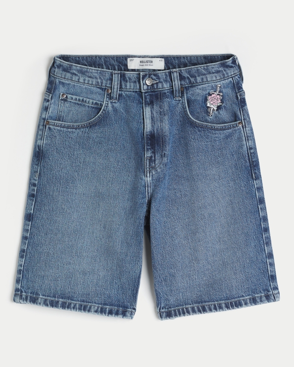 Rose Graphic Baggy Denim Shorts, Medium Dark view 1