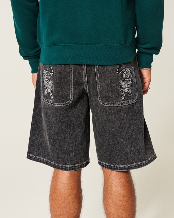 Tiger Graphic Baggy Denim Shorts, Washed Black view 2