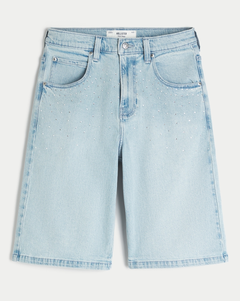 Men's Light Wash Embellished Super Baggy Denim Shorts | Men's