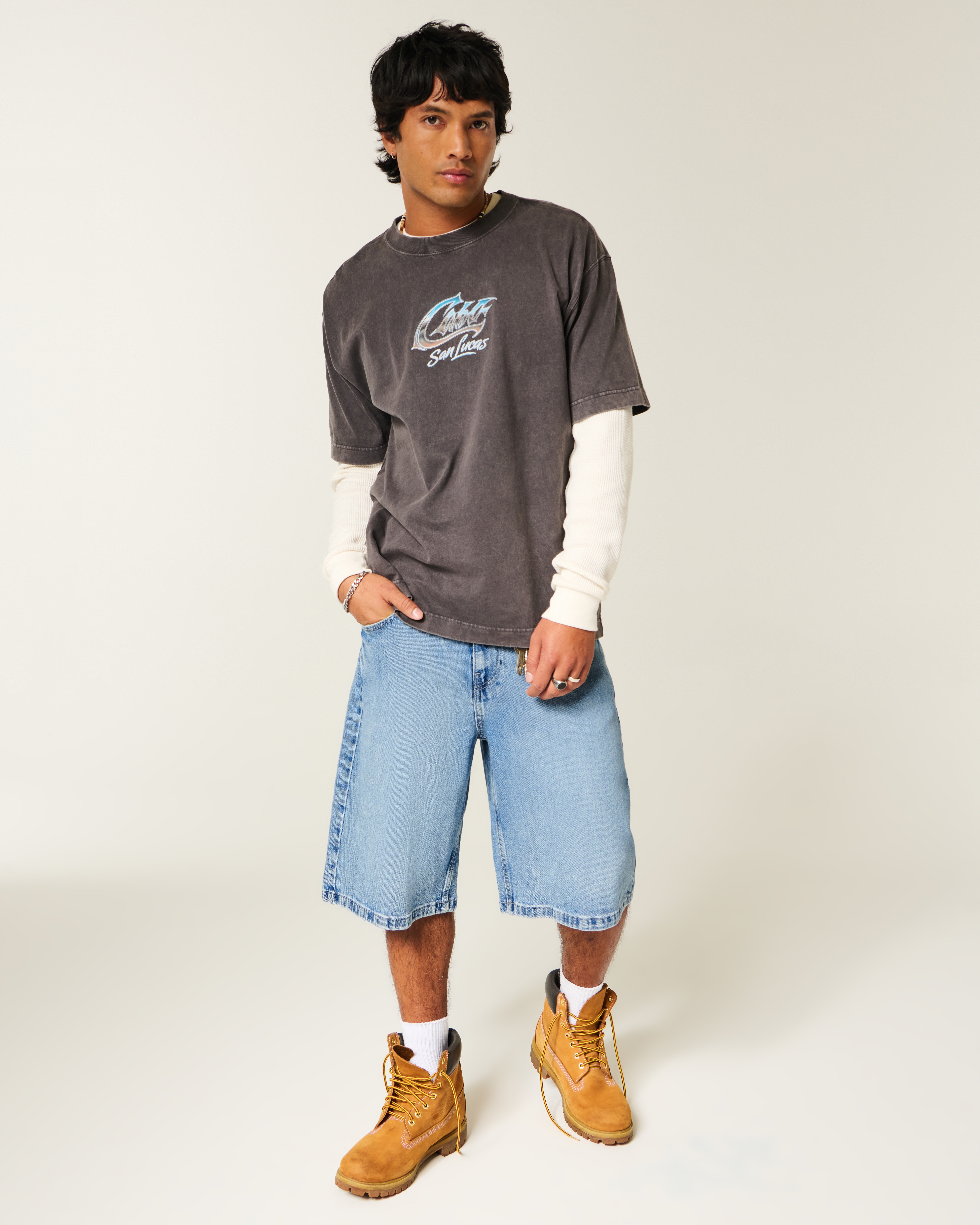 Skull Graphic Super Baggy Denim Shorts