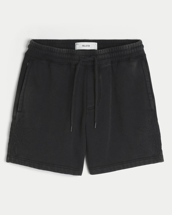 Above-the-Knee Graphic Baggy Fleece Shorts, Washed Black view 1