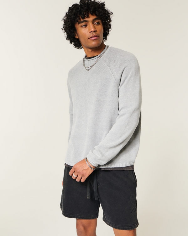 Above-the-Knee Baggy Fleece Graphic Shorts, Washed Black view 1