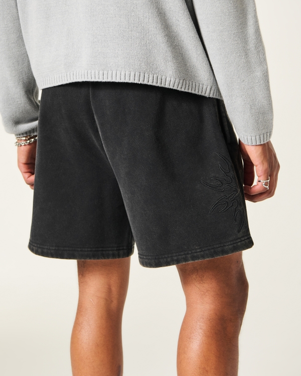 Above-the-Knee Baggy Fleece Graphic Shorts, Washed Black view 2