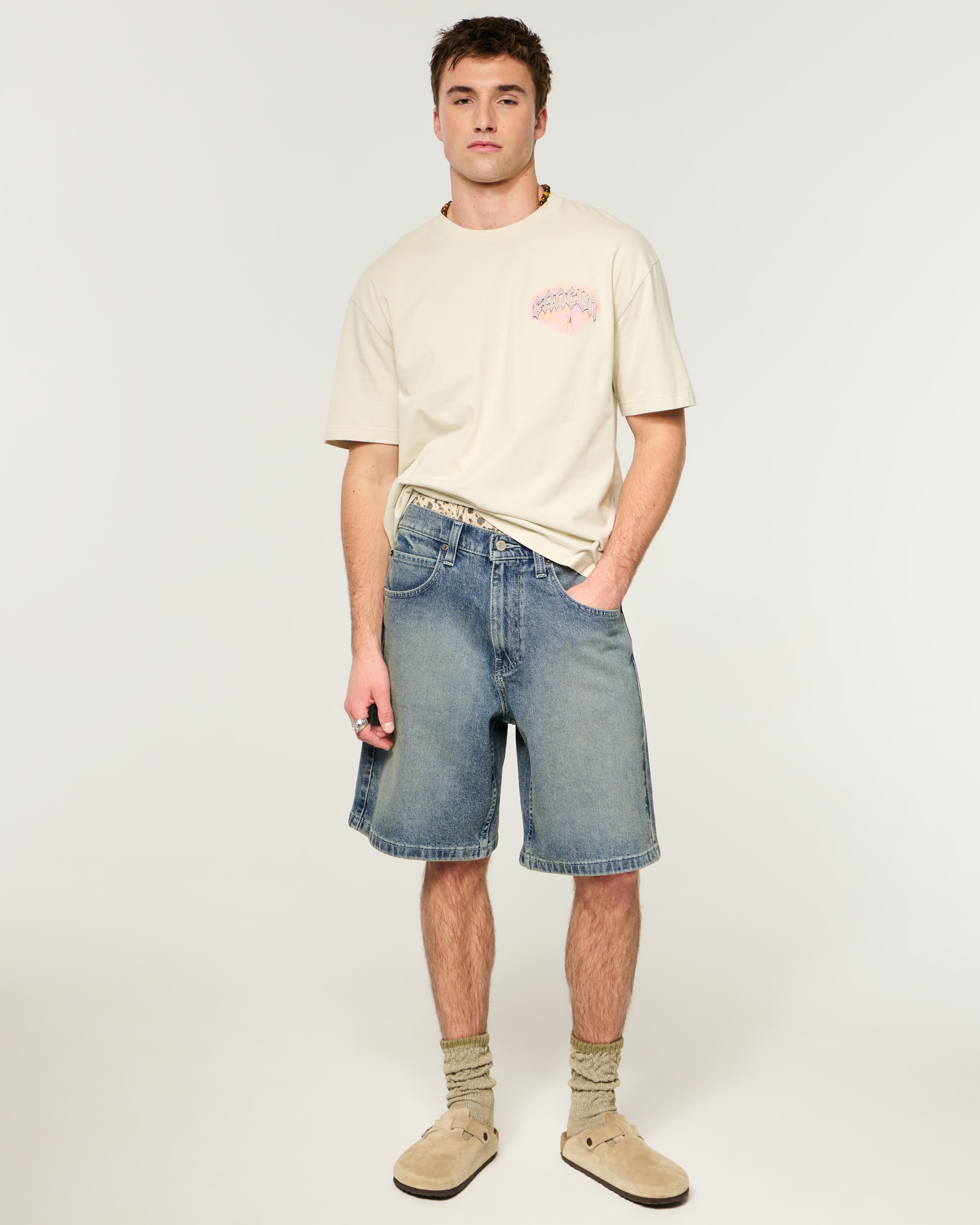 At-the-Knee Medium Wash Baggy Denim Shorts