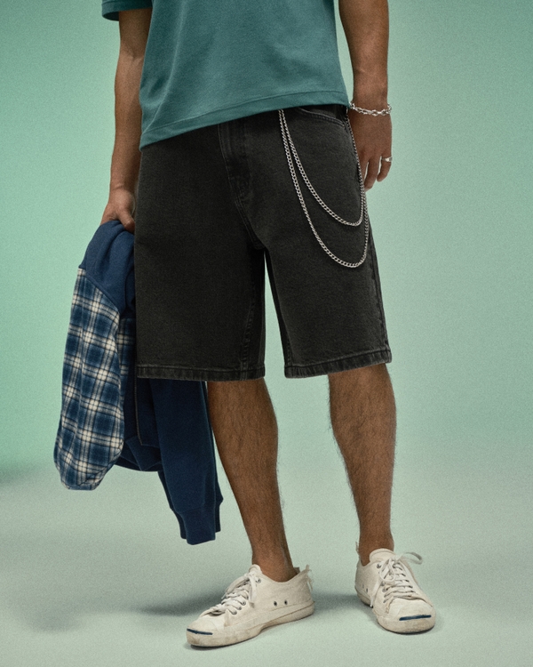 At-the-Knee Black Baggy Denim Shorts, Black view 1