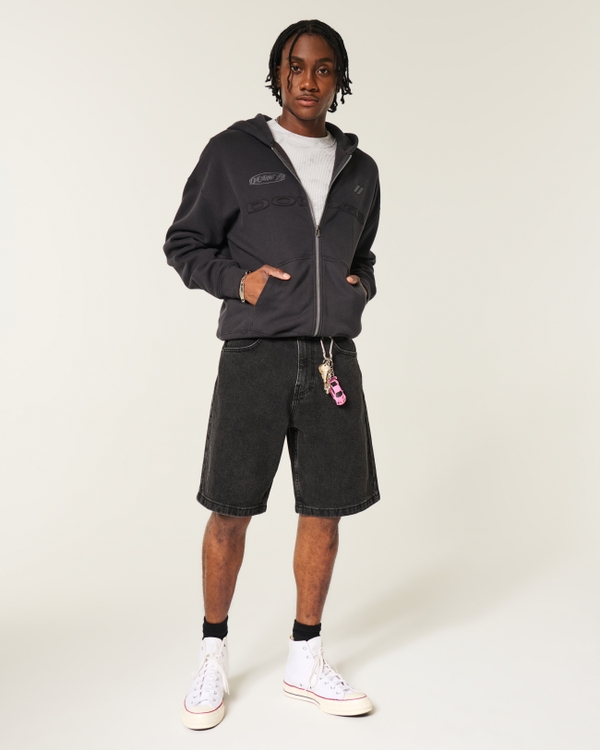 At-the-Knee Black Baggy Denim Shorts, Black view 1