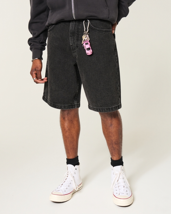 At-the-Knee Black Baggy Denim Shorts, Black view 2