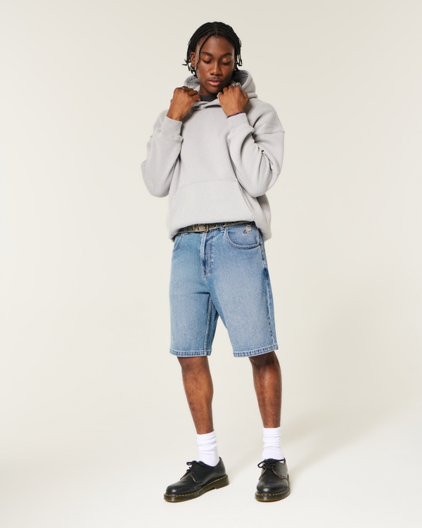 At-the-Knee Dark Wash Embroidered Baggy Denim Shorts, Dark view 1