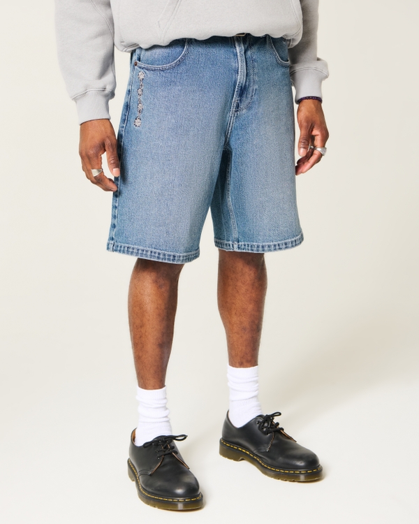 At-the-Knee Dark Wash Embroidered Baggy Denim Shorts, Dark view 2