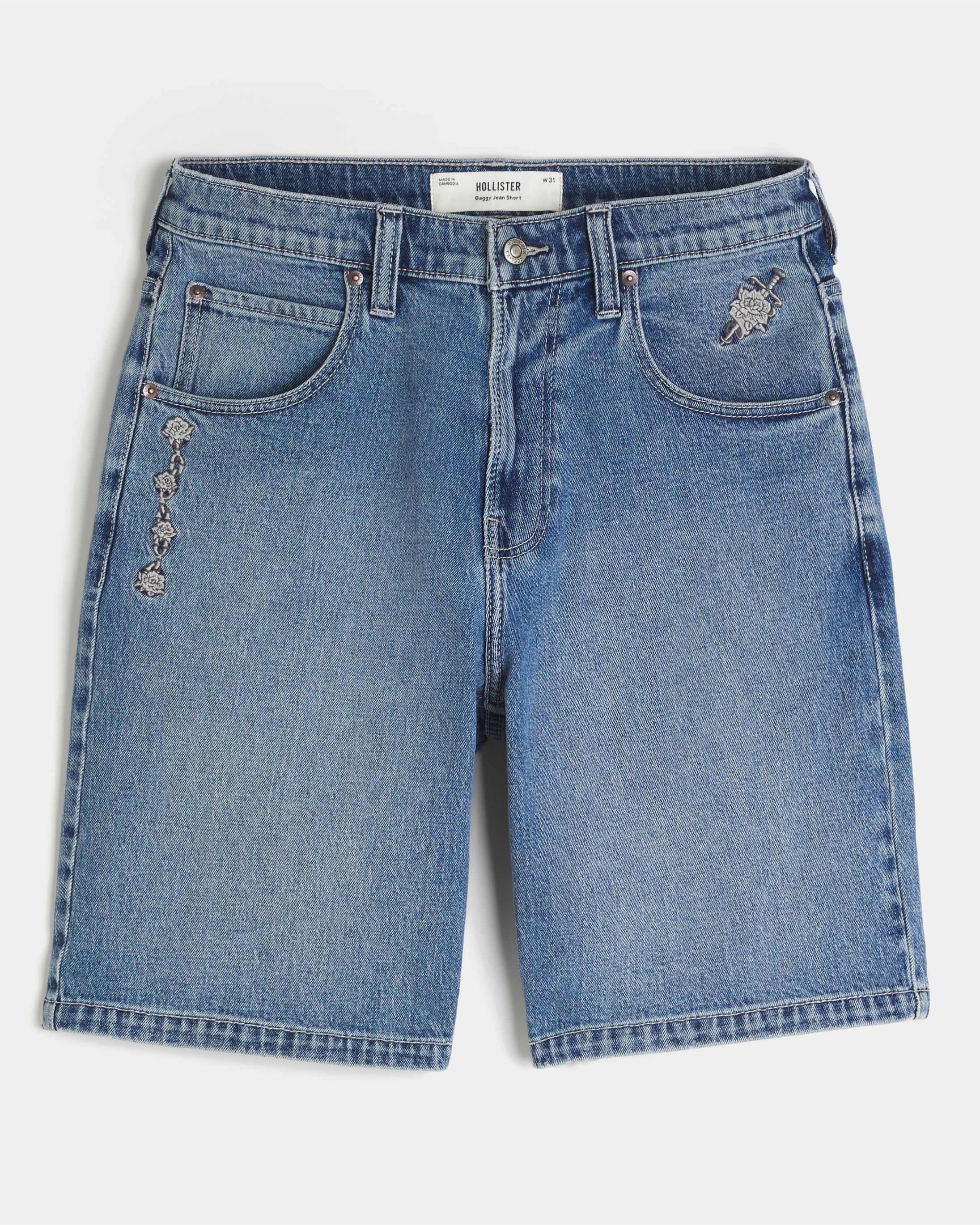 Dark Wash Embroidered Baggy Jean Shorts
