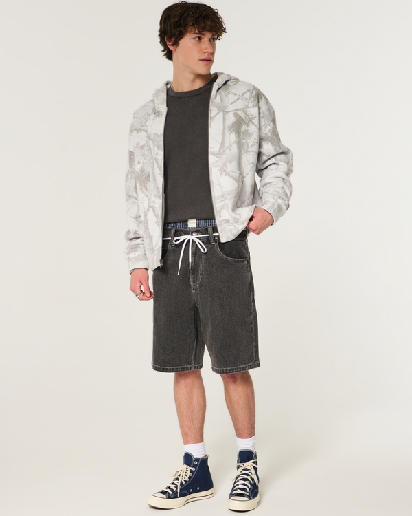 At-the-Knee Washed Black Tiger Embroidery Baggy Denim Shorts, Washed Black view 1