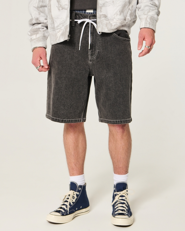 At-the-Knee Washed Black Tiger Embroidery Baggy Denim Shorts, Washed Black view 2