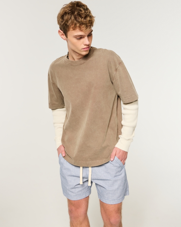 Mid-Thigh Linen-Blend Pull-On Shorts, Light Heather Blue view 1