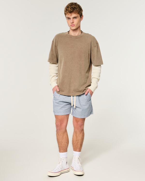 Mid-Thigh Linen-Blend Pull-On Shorts, Light Heather Blue view 2