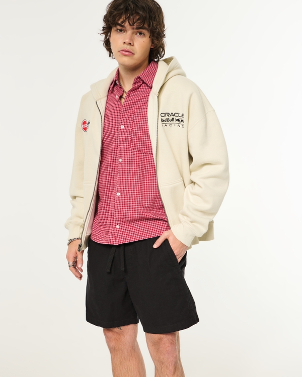 Mid-Thigh Linen-Blend Pull-On Shorts, Black Dd view 1