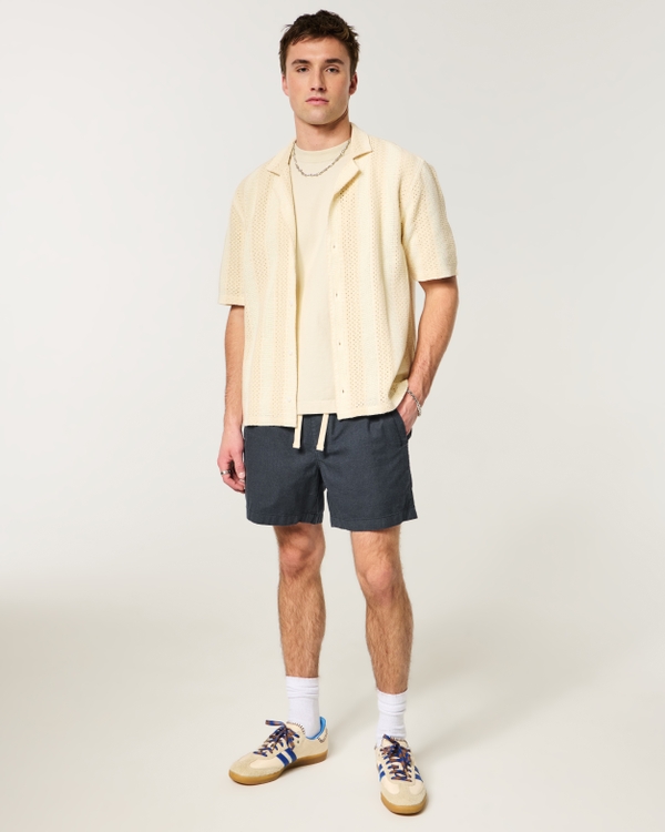 Mid-Thigh Linen-Blend Pull-On Shorts, Heather Navy view 1