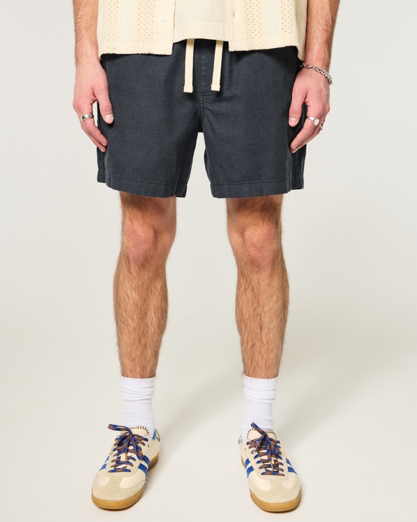 Mid-Thigh Linen-Blend Pull-On Shorts, Heather Navy view 2