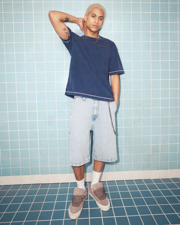 Below-the-Knee Super Baggy Denim Painter Shorts, Light view 1