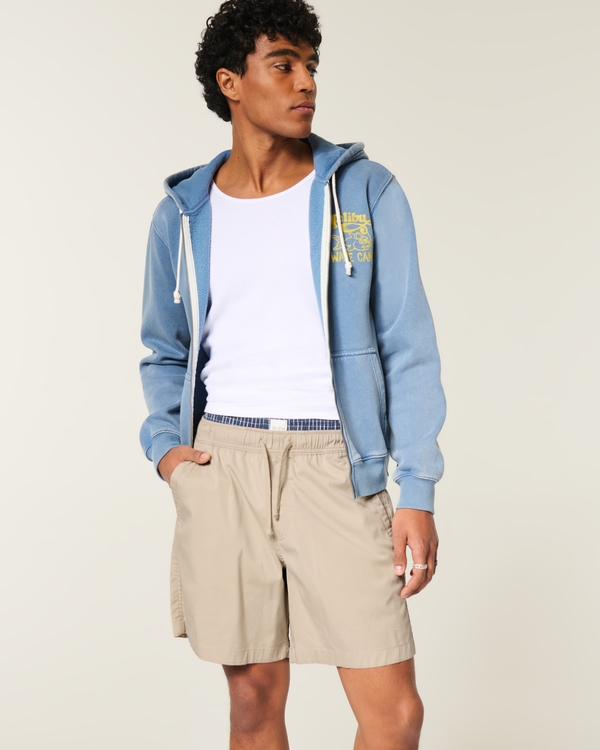 Above-the-Knee Twill Pull-On Shorts, Taupe view 1