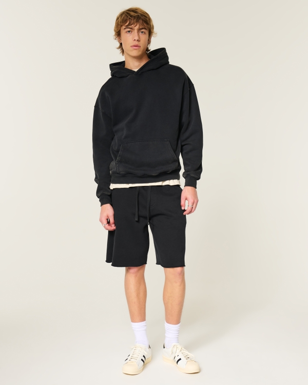 At-the-Knee Baggy Fleece Shorts, Black view 1