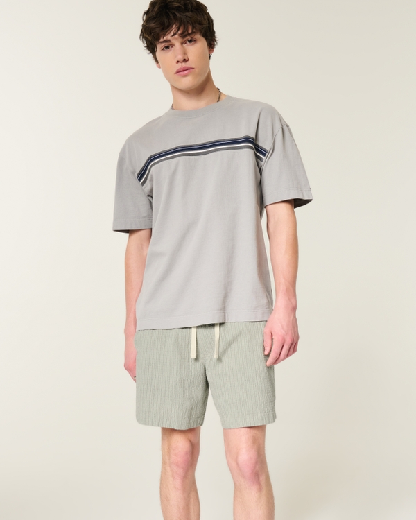 Mid-Thigh Seersucker Pull-On Shorts, Sage Pattern view 1