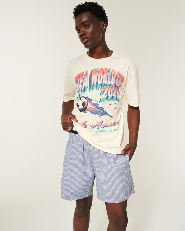 Mid-Thigh Linen-Blend Pull-On Shorts, Navy Stripe view 1