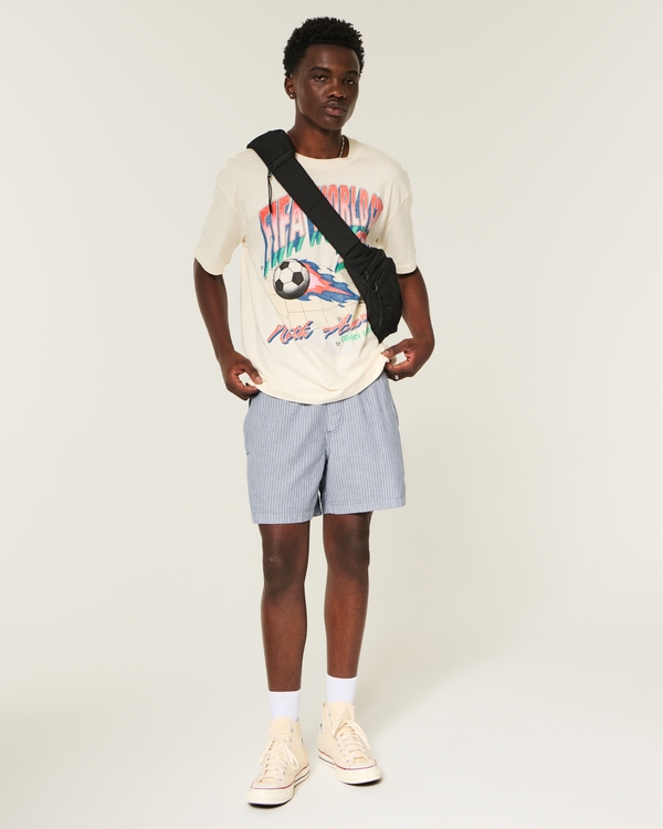 Mid-Thigh Linen-Blend Pull-On Shorts, Navy Stripe view 2