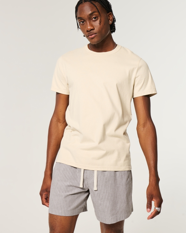 Mid-Thigh Linen-Blend Pull-On Shorts, Brown Stripe view 1