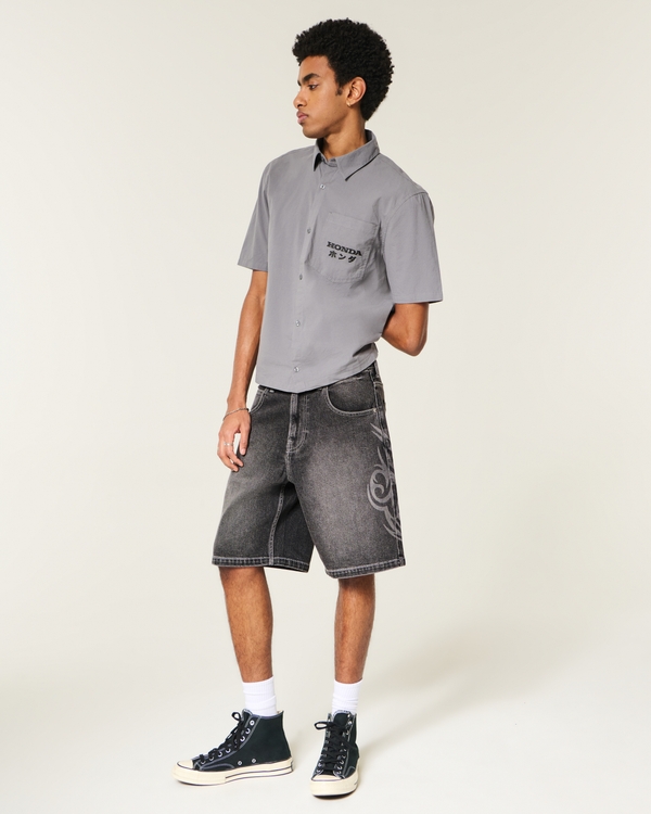 Baggy Cybersigilism Graphic Jean Shorts, Washed Black view 1