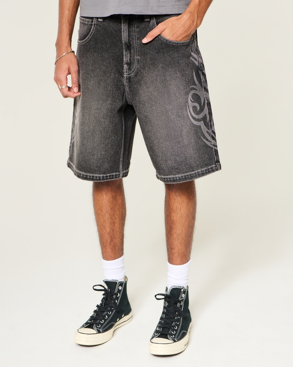 Baggy Cybersigilism Graphic Jean Shorts, Washed Black view 2