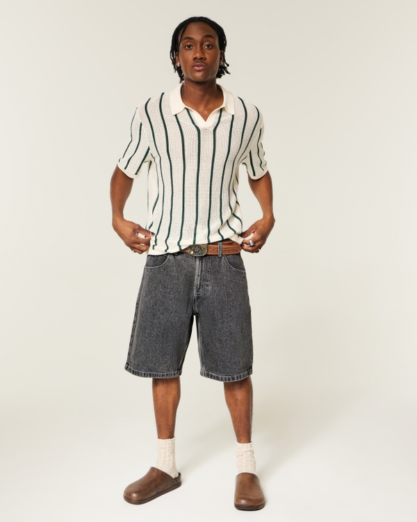 Dragon Graphic Baggy Jean Shorts, Black view 1