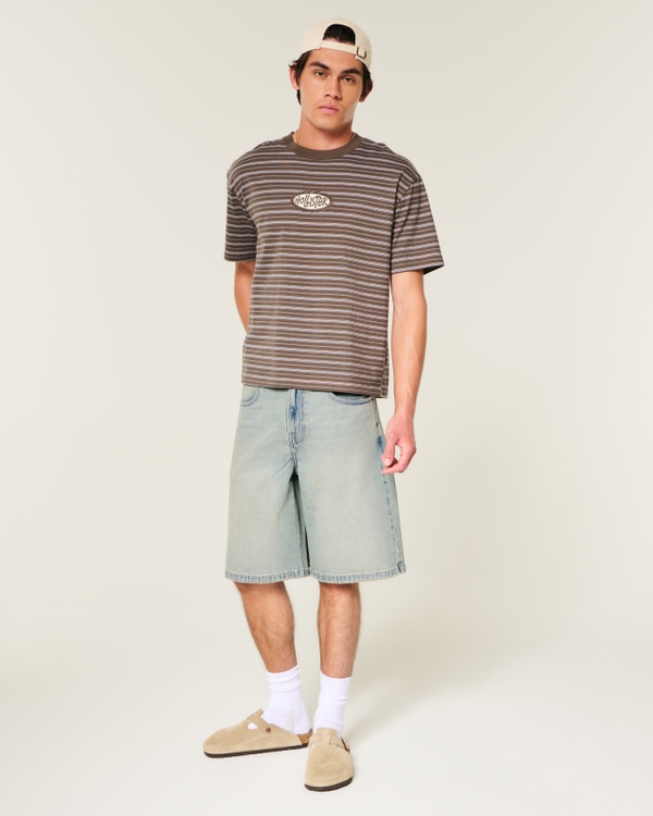 Light Wash Spider Web Embroidered Super Baggy Jean Shorts, Medium Wash view 1