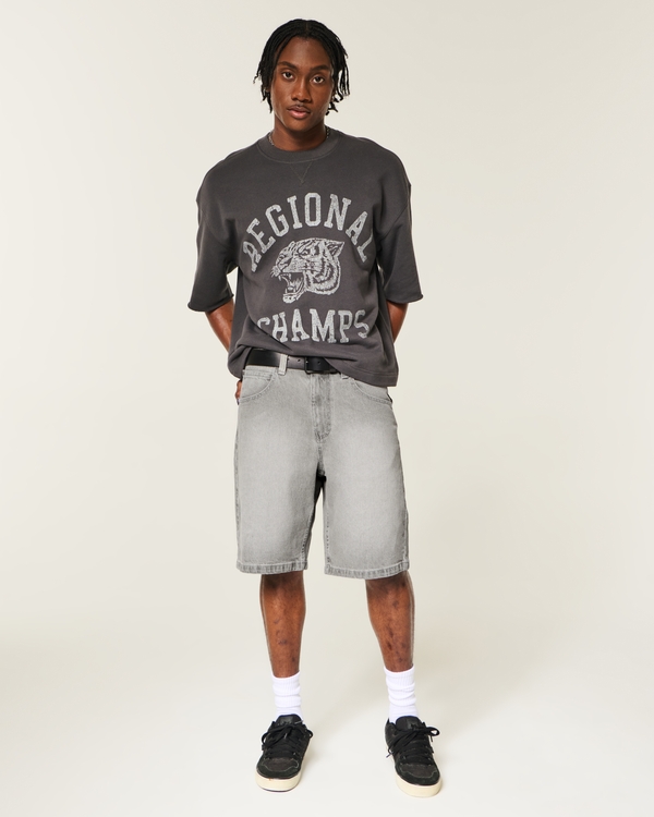 Grey Baggy Jean Shorts, Washed Gray view 1