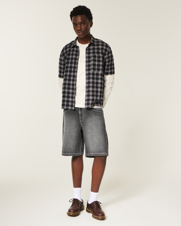 Star Embroidery Baggy Jean Shorts, Washed Black view 1