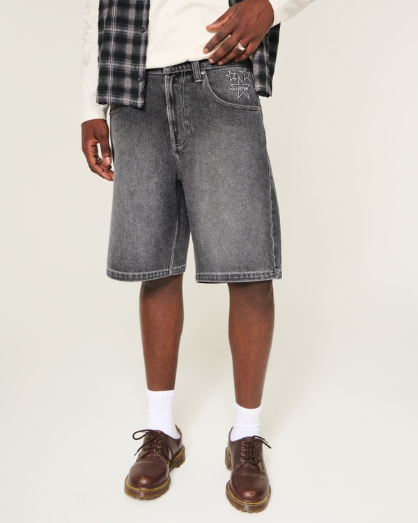 Star Embroidery Baggy Jean Shorts, Washed Black view 2