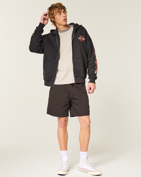 Above-the-Knee Star Applique Baggy Fleece Shorts, Dark Brown view 2