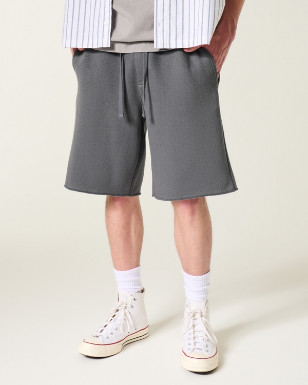 At-the-Knee Baggy Fleece Shorts, Dark Gray view 2