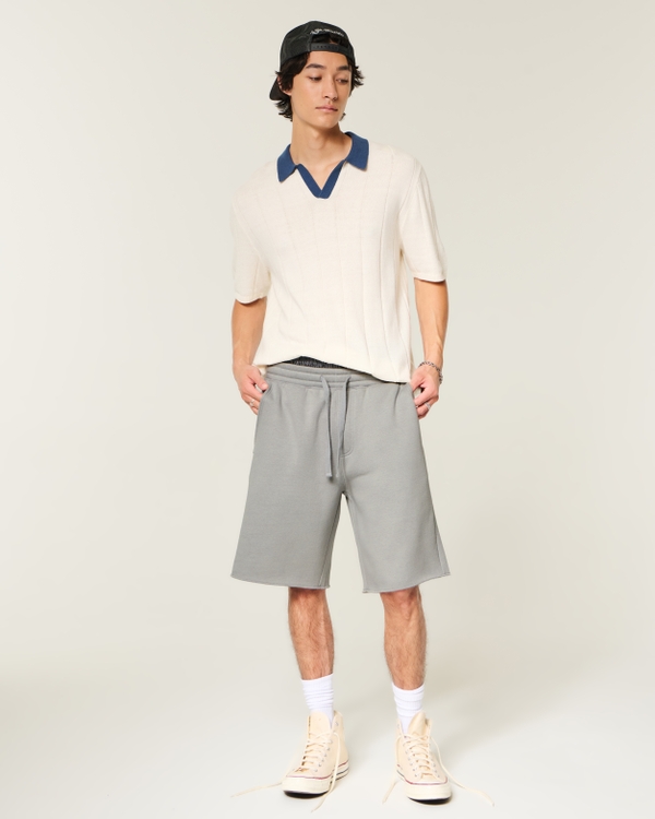 At-the-Knee Snake Embroidery Baggy Fleece Shorts, Gray view 1