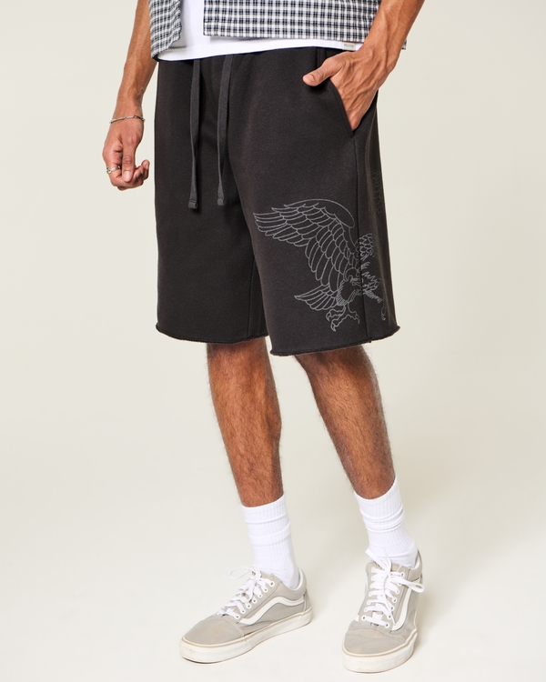 At-the-Knee Eagle Graphic Baggy Fleece Shorts, Black view 2