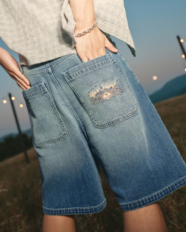 Logo Embroidery Baggy Jean Shorts, Medium view 1