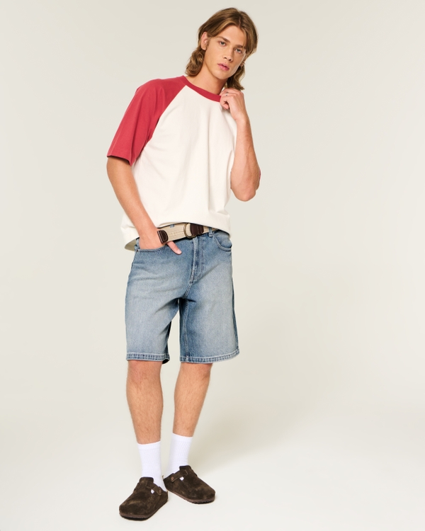 Logo Embroidery Baggy Jean Shorts, Medium view 1