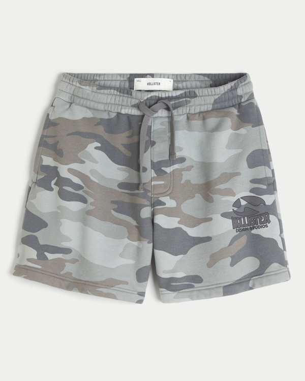 Above-the-Knee Logo Graphic Camo Baggy Fleece Shorts, Gray Camo view 1