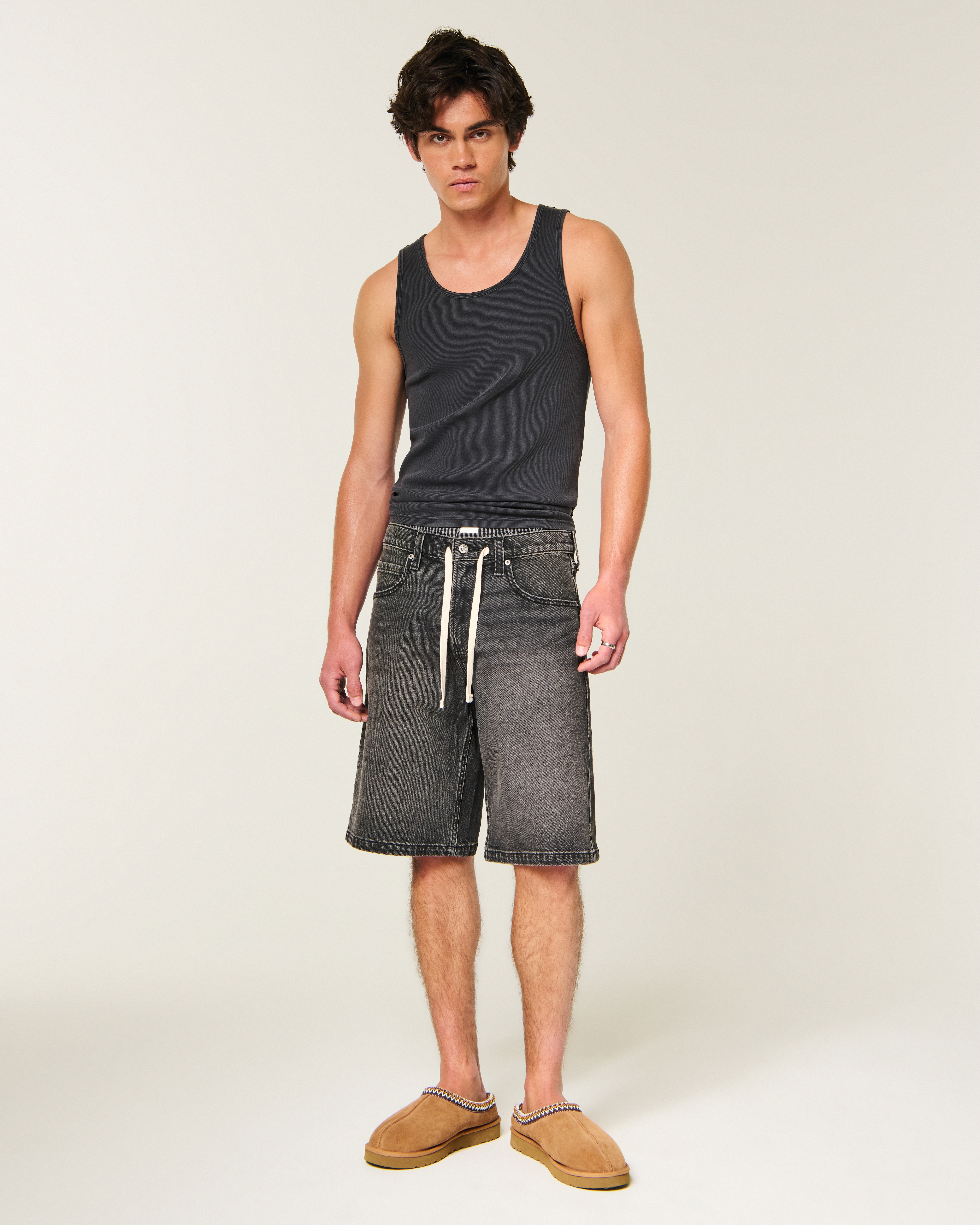 Low-Rise Drawstring Waist Baggy Jean Shorts
