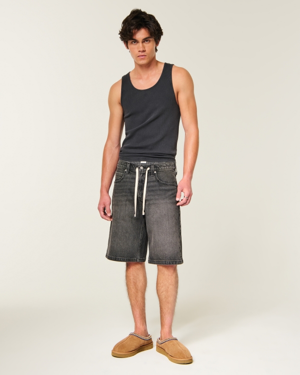 Low-Rise Drawstring Waist Baggy Jean Shorts, Black view 1