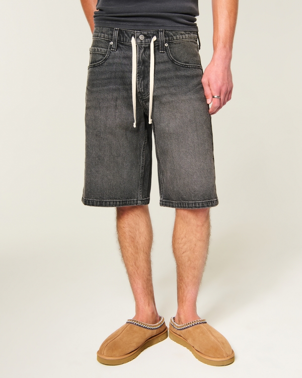 Low-Rise Drawstring Waist Baggy Jean Shorts, Black view 2