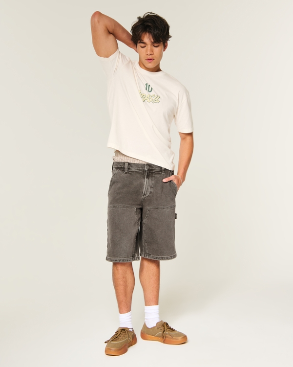 Low-Rise Baggy Jean Shorts, Washed Brown view 1