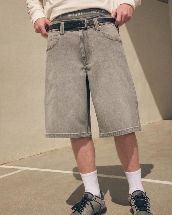 Low-Rise Logo Embroidery Baggy Jean Shorts, Washed Dark Gray view 1
