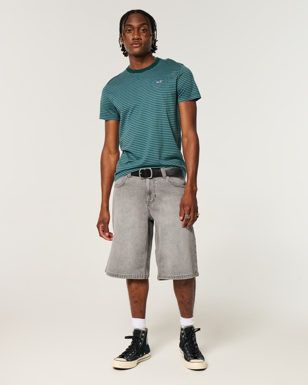 Low-Rise Logo Embroidery Baggy Jean Shorts, Washed Dark Gray view 1