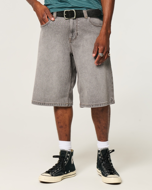 Low-Rise Logo Embroidery Baggy Jean Shorts, Washed Dark Gray view 2
