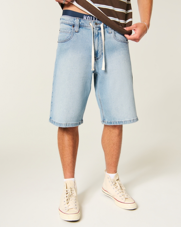 Low Rise Jeans-Shorts mit Kordelzug und weitem Bein, Helle Waschung view 2